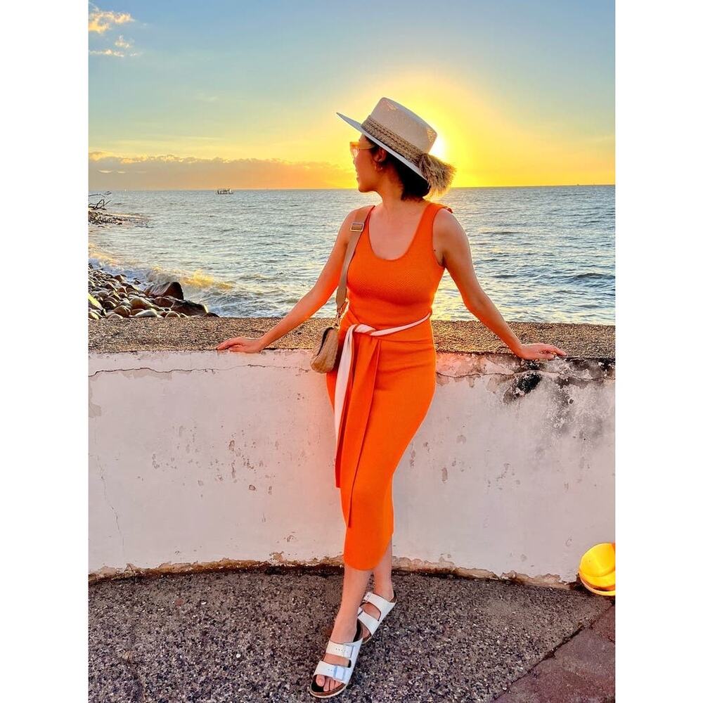 TOCCIN Orange White Knit Sweater Sheath Square Neck Lucy Midi Tie Waist Dress XS